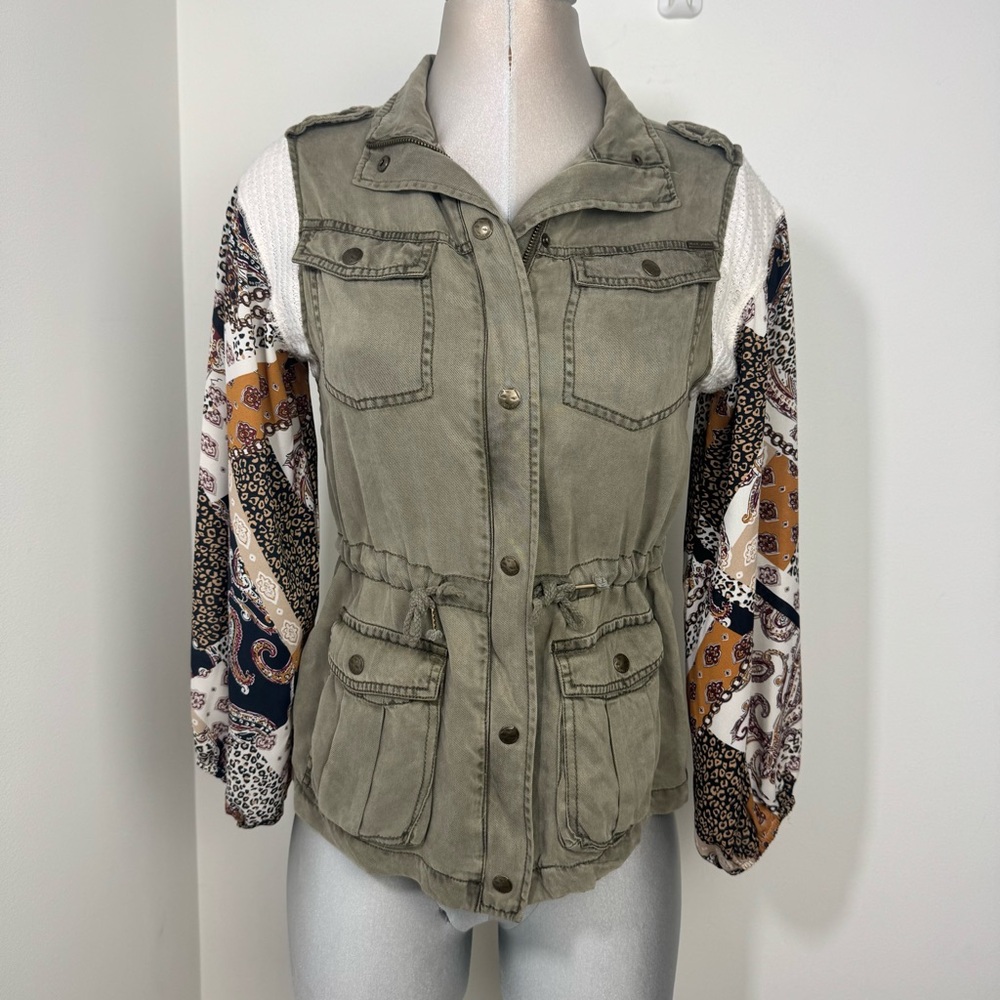 Bohemian Utility Jacket in Olive Green Size Extra Small Upcycled Balloon Sleeve